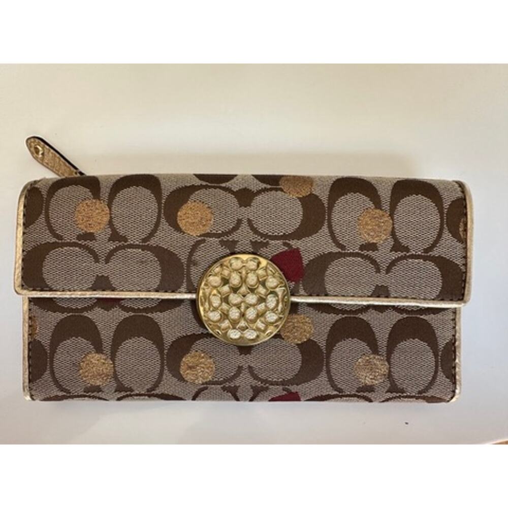 Coach Signature Gold and Brown Accordion Wallet
